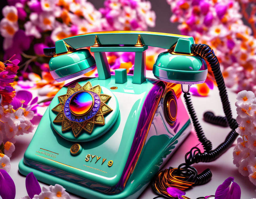 Vintage Turquoise Telephone with Mandala Design on Purple Flowers Background