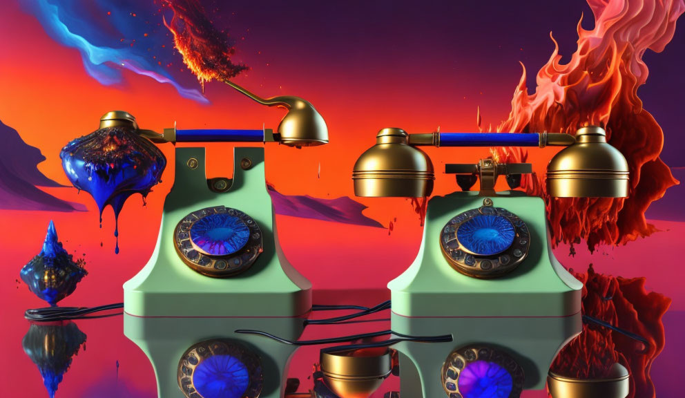 Surreal vintage telephones with eyes on colorful fiery backdrop