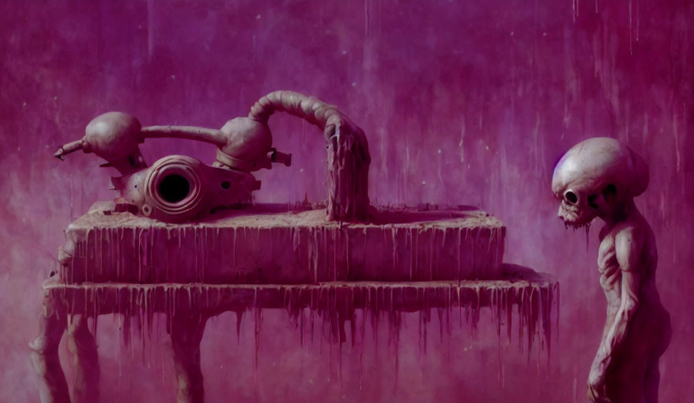 Surreal alien creature with tentacle-like pipes on purple backdrop