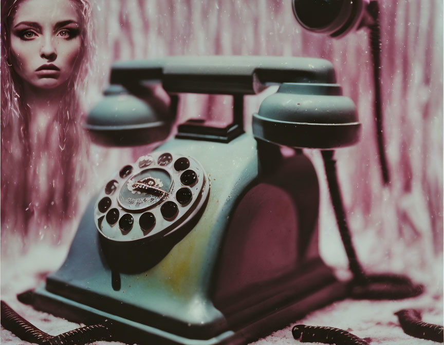 Vintage rotary telephone with blurred woman's face in moody setting