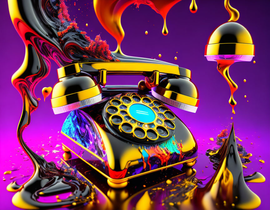 Colorful Liquid Swirls Retro Telephone on Purple Background
