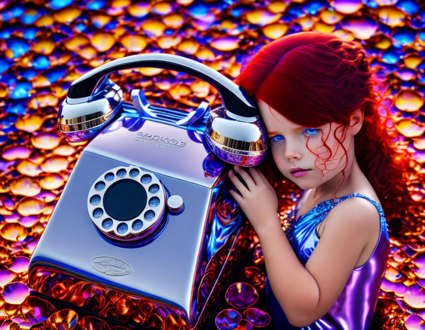 Red-Haired Girl with Futuristic Telephone on Glittering Background