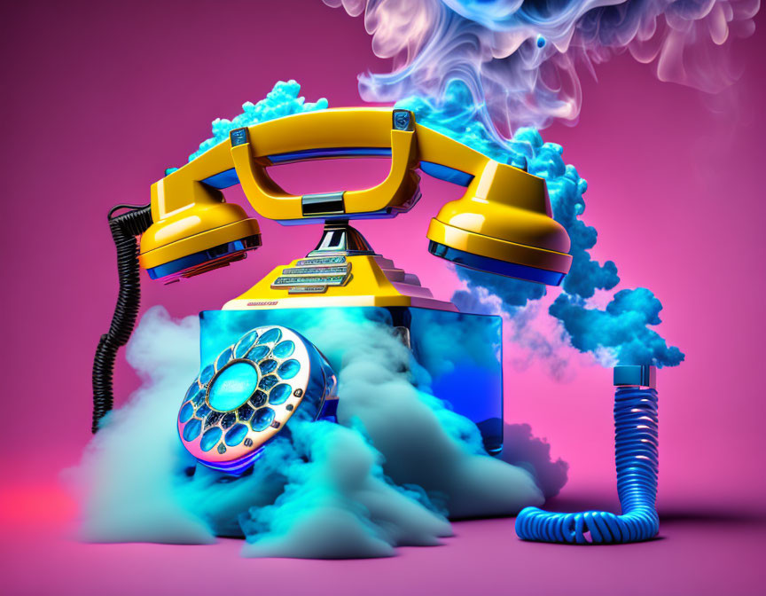 Vintage yellow telephone with lifted handset on blue rotary dial, surrounded by swirling smoke on pink background