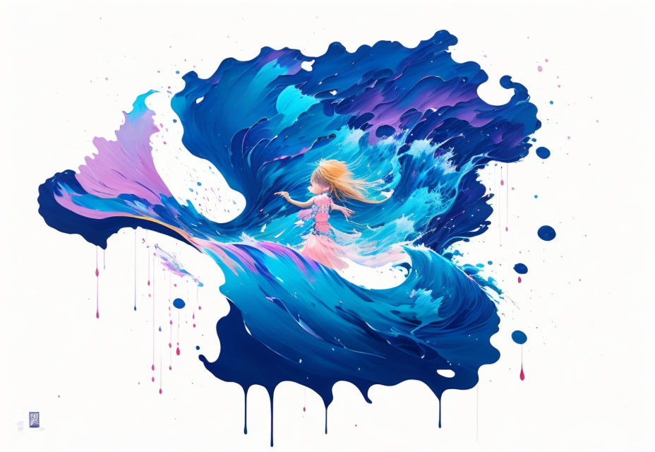 Colorful artwork of girl with flowing hair merging into abstract floral burst