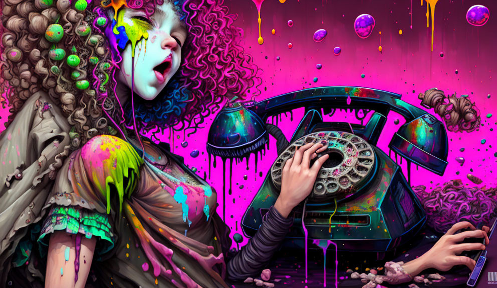 Vibrant surreal image: woman with dripping paint, melting phone in psychedelic setting