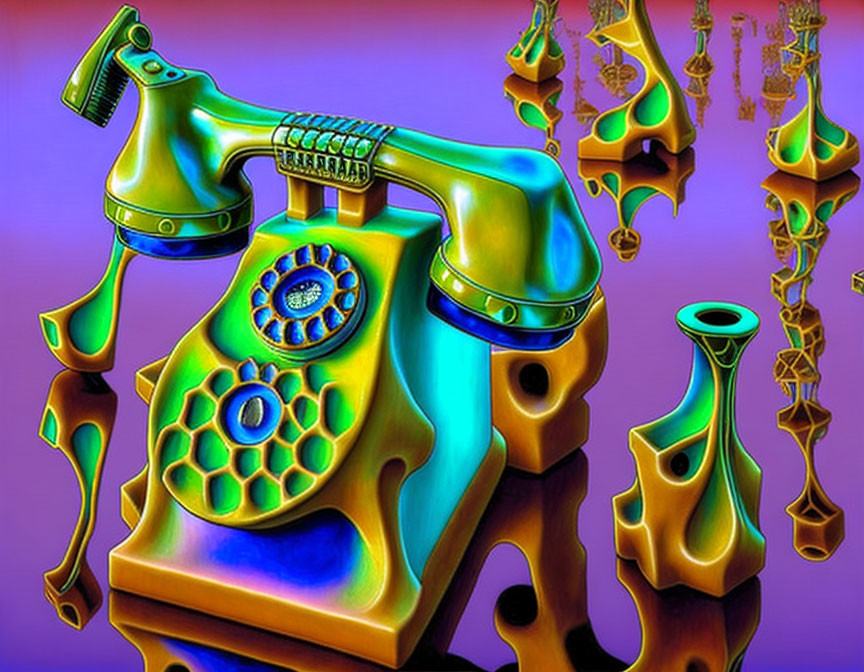 Surrealistic painting: Melting rotary phone in blue and green with distorted background