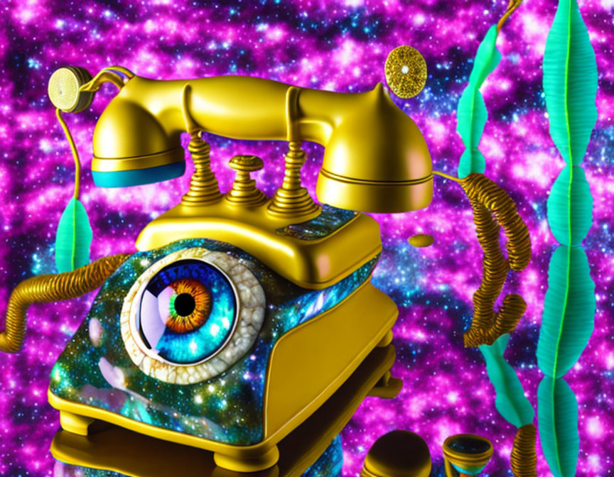 Golden vintage telephone with eye dial on cosmic DNA background