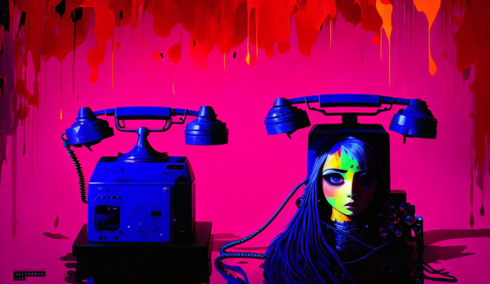 Cyberpunk-inspired scene with blue robotic head and old-fashioned phone under pink and purple lighting