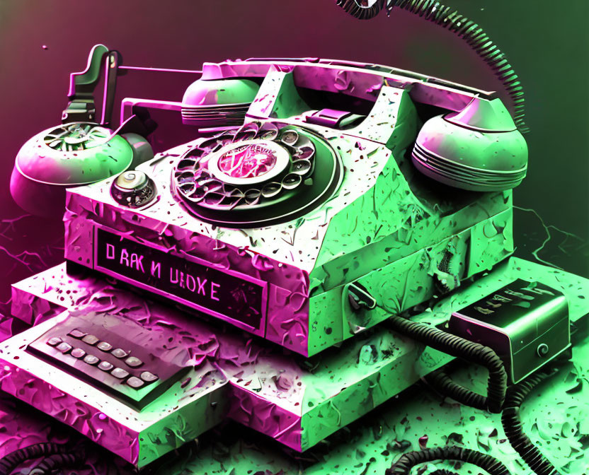 Colorful Surreal Vintage Rotary Phone with Modern Elements in Pink and Green Hues