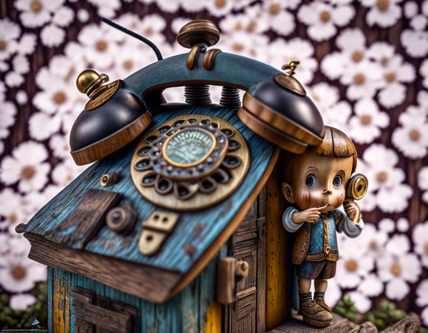 Whimsical vintage rotary phone artwork with character in wooden booth