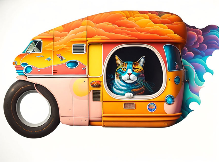 Colorful Psychedelic Orange Bus with Cat Face Illustration