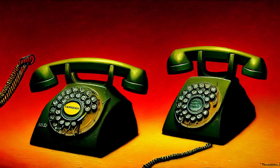 Vintage Green Rotary Dial Telephones on Red-Orange Gradient Background