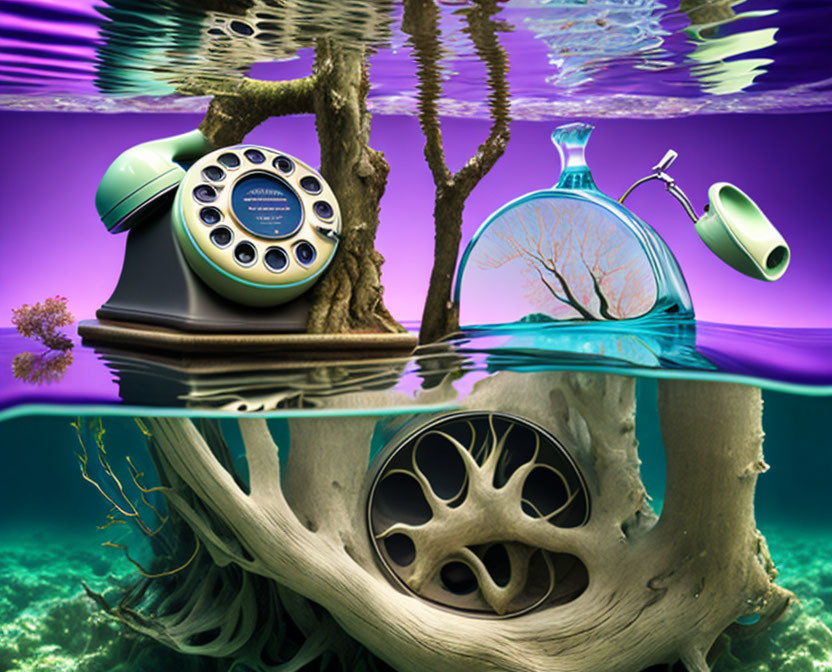 Surreal artwork: vintage phone, lamp underwater with tree reflecting above