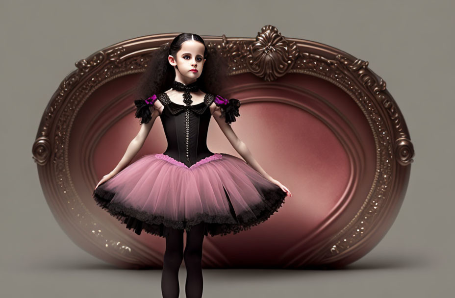 Gothic doll figure in black and purple tutu and laced bodice