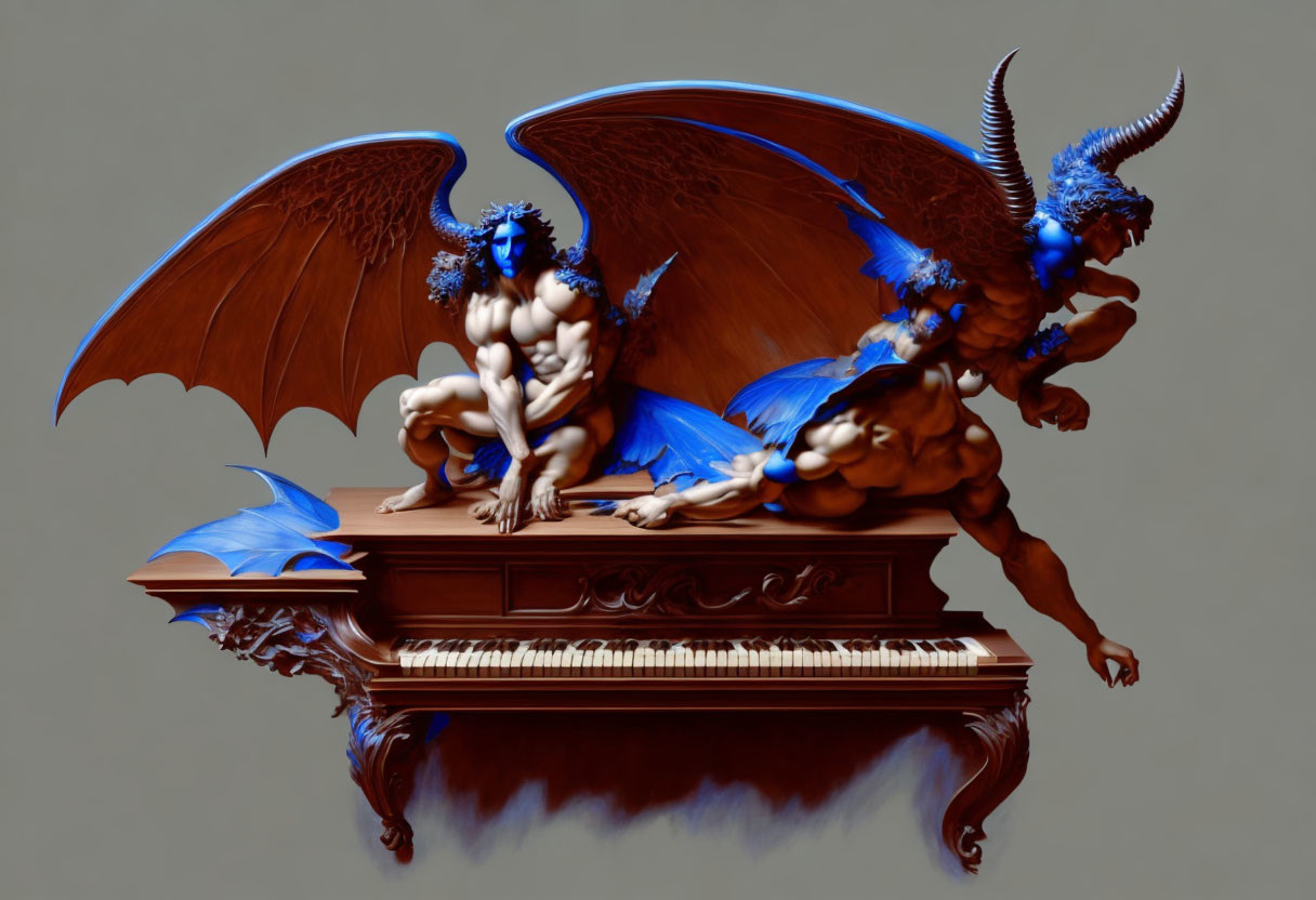 Two blue muscular winged creatures on floating piano