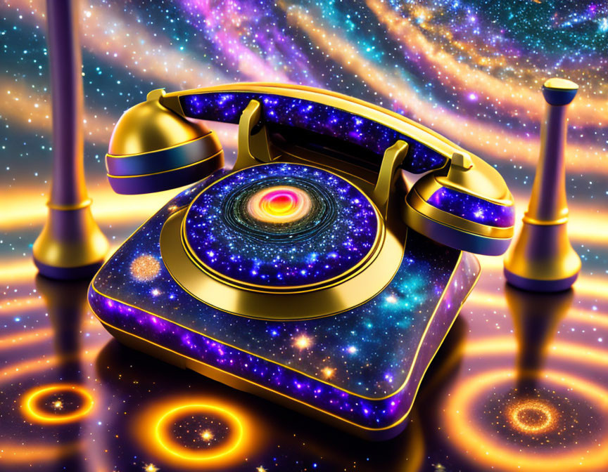 Vintage Telephone with Cosmic Galaxy Design on Sparkling Background