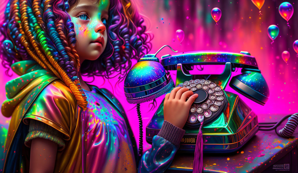 Vibrant digital artwork: young girl with curly hair and telephone in neon surroundings