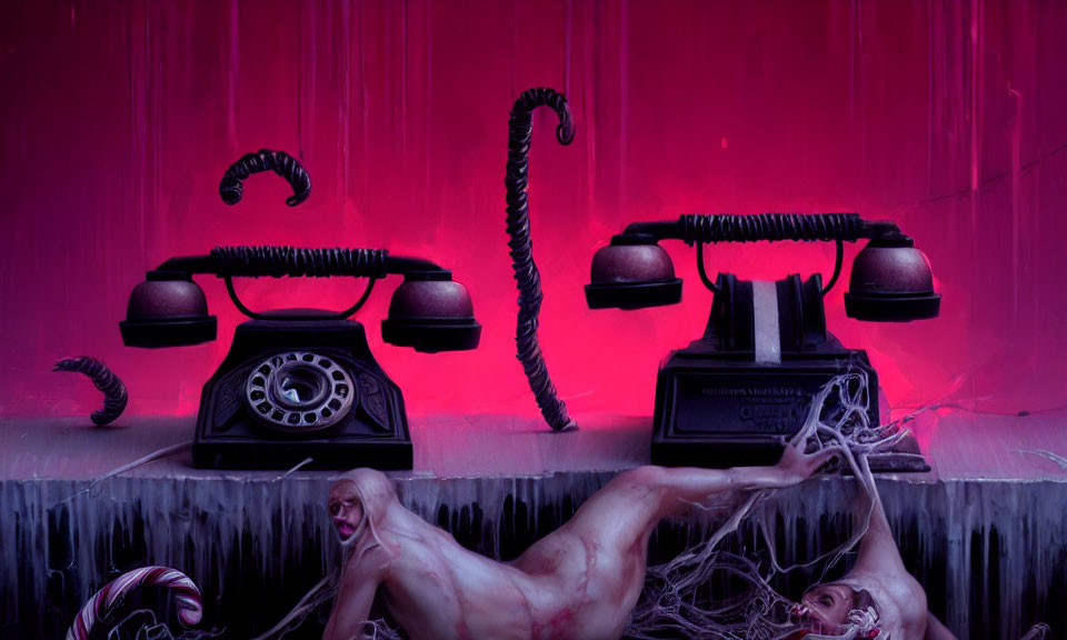 Vintage telephones with tentacles and surreal human figures on fuchsia backdrop