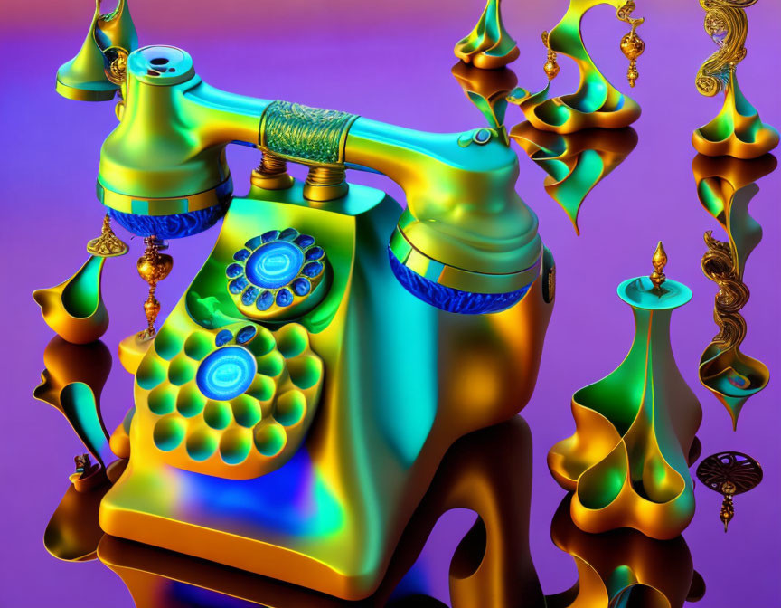 Colorful Metallic Vintage Phone in Surreal 3D Illustration