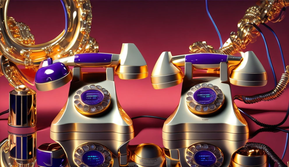 Vintage Rotary Phones with Gold and Purple Accents Surrounded by Jewelry on Red Background