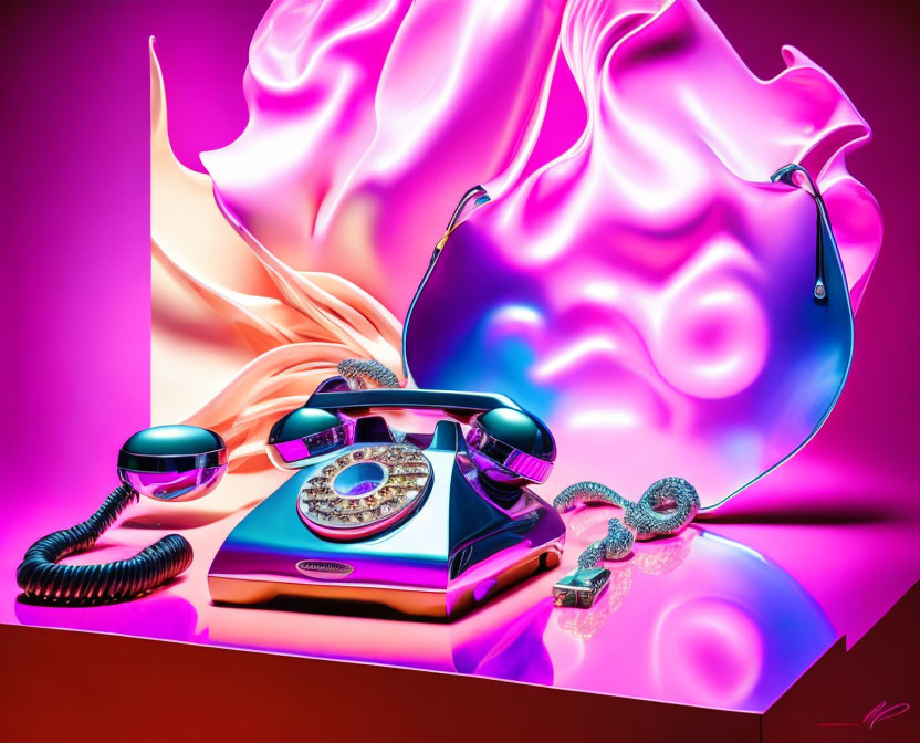 Vintage Telephone with Swirling Colors on Abstract Background