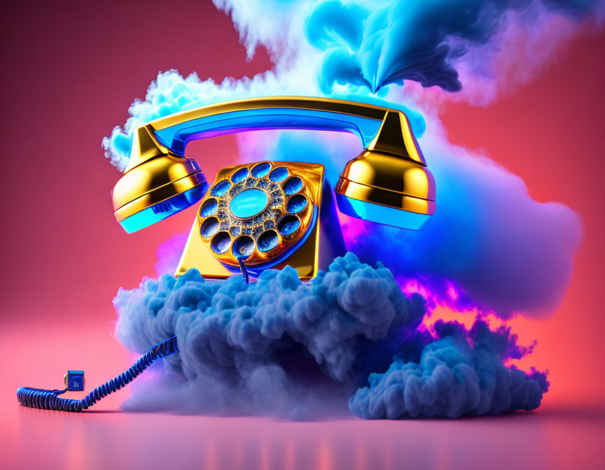 Vintage Gold Rotary Phone with Blue Smoke on Red Background