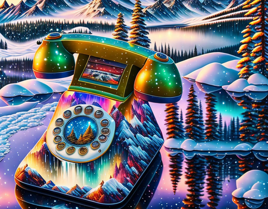 Surreal illustration of rotary phone with scenic landscape on surface
