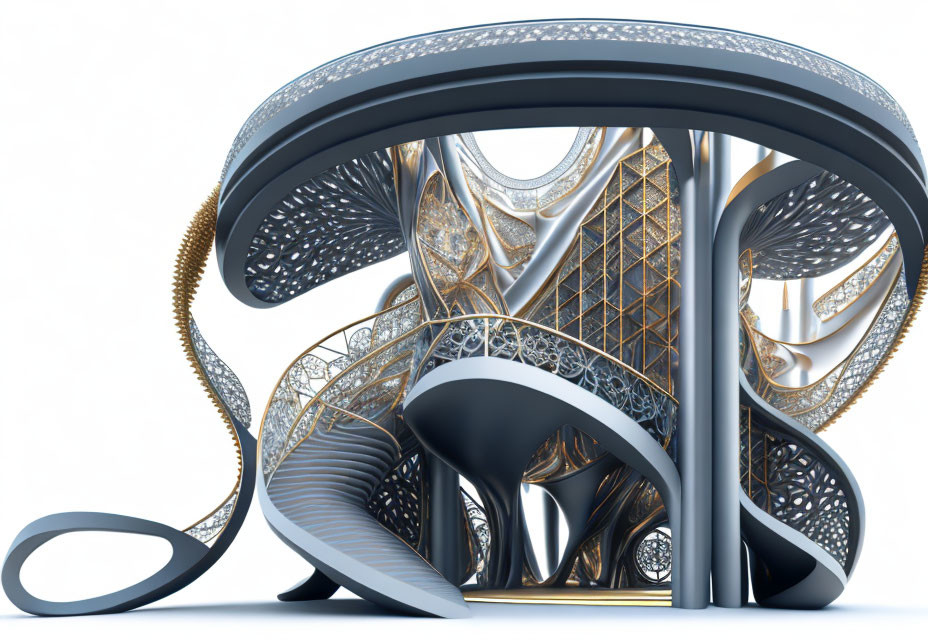 Intricate 3D Abstract Fractal Art: Spirals & Arches in Blue & Gold