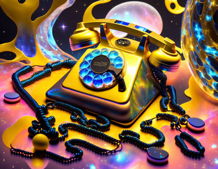 Vintage Gold and Blue Telephone on Surreal Cosmic Background