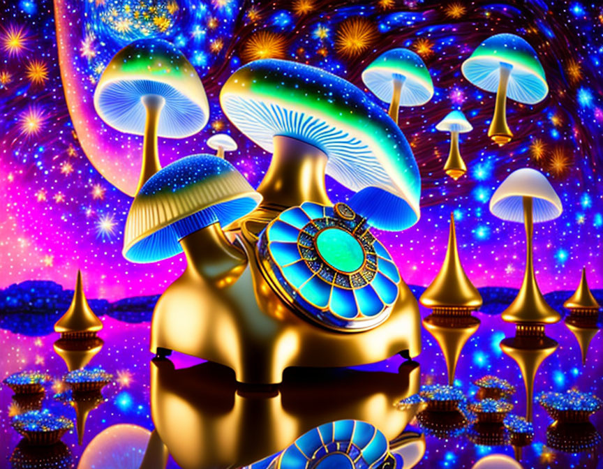 Colorful Psychedelic Artwork: Luminous Mushrooms, Golden Objects, Starry Back
