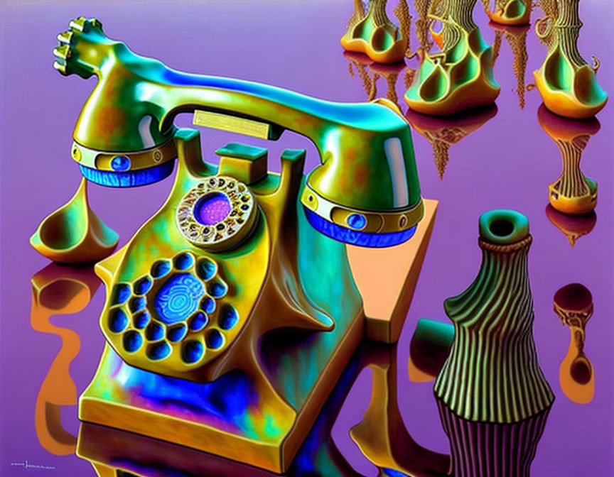 Vivid digital artwork: distorted rotary phone, abstract shapes in dreamlike scene