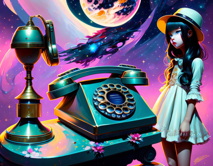 Stylized illustration of girl with hat next to rotary phone in cosmic setting