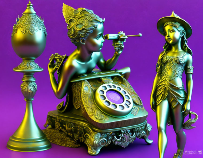 Metallic vintage telephone operator figures on purple background with receiver, gold telephone, and lamp