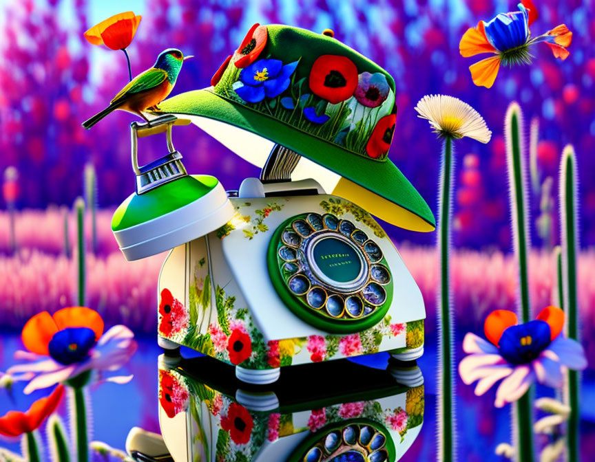 Colorful floral rotary phone with hummingbird in vibrant image
