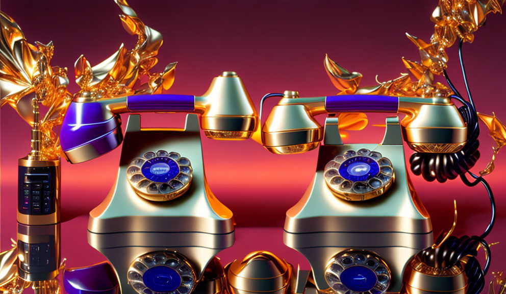 Vintage telephones in gold and blue hues on red gradient background with golden ornamental details