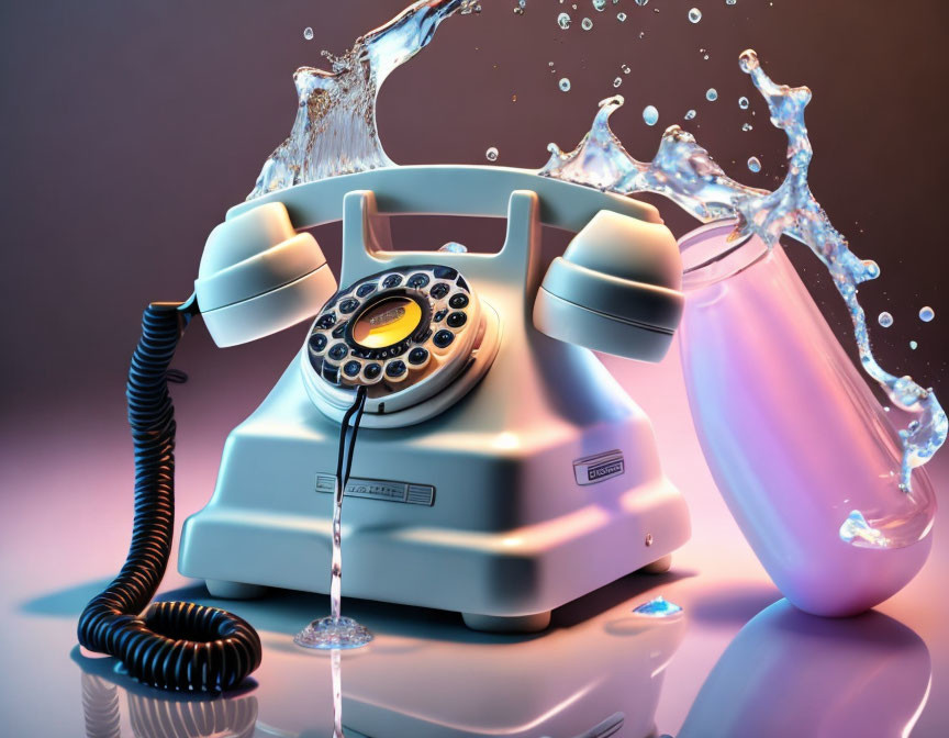Vintage telephone with receiver off hook and splashing water on purple gradient.