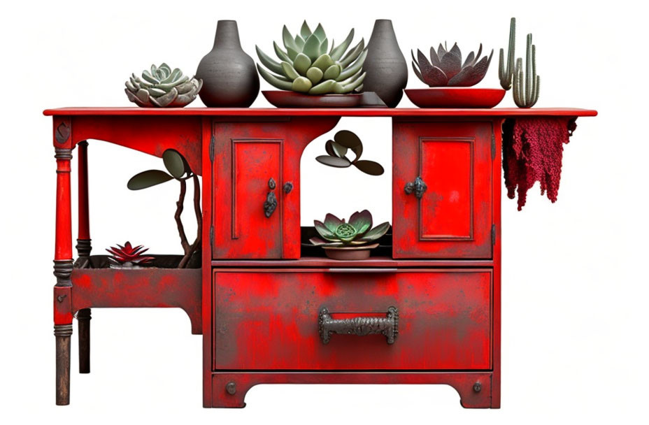 Red Vintage Wooden Sideboard with Succulents, Figurines, and Tassel