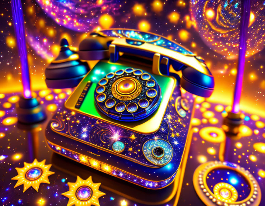 Colorful Cosmic Rotary Phone on Space Background