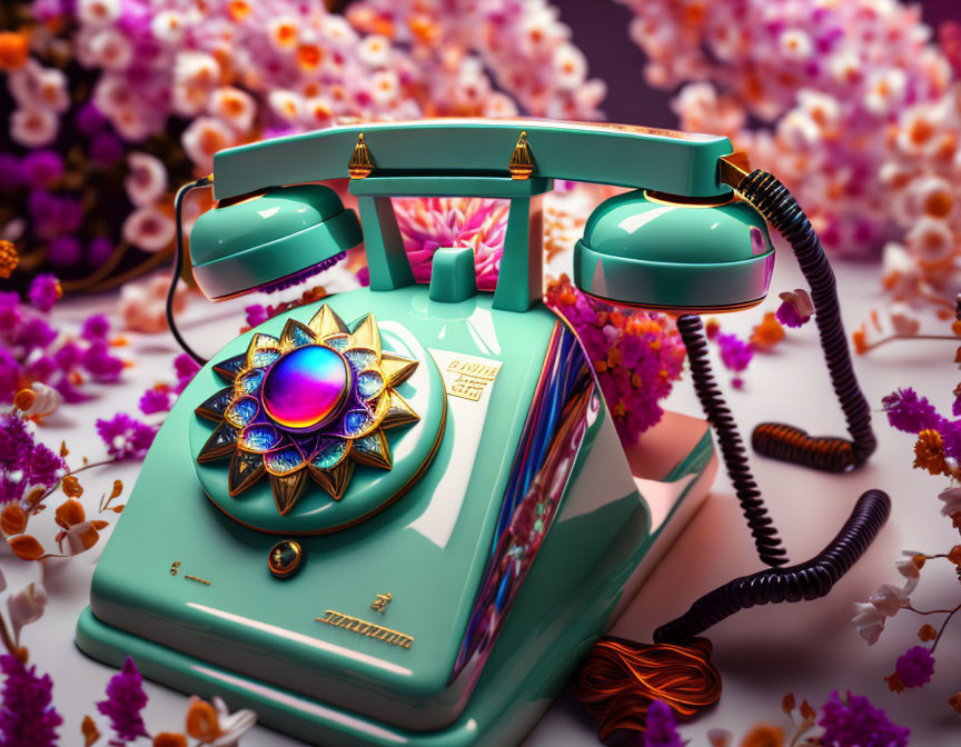 Vintage Turquoise Rotary Phone with Floral Design on Purple Background