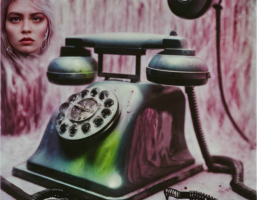 Vintage Green and Purple Rotary Phone with Blurred Background of Blonde Woman