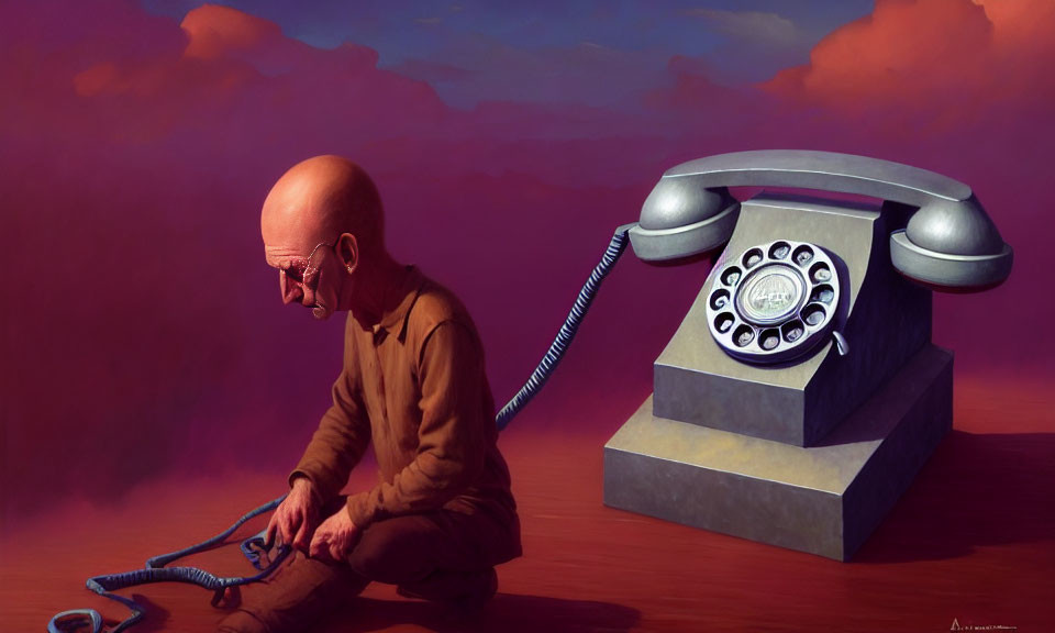 Bald Figure with Oversized Head and Rotary Phone on Pink Background