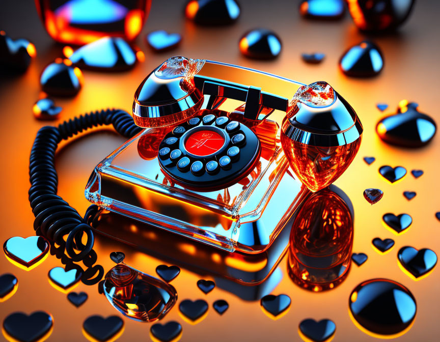 Shiny metallic red rotary phone with heart-shaped details on orange surface