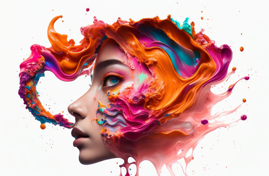 Woman's Side Profile Blended with Colorful Paint Splashes