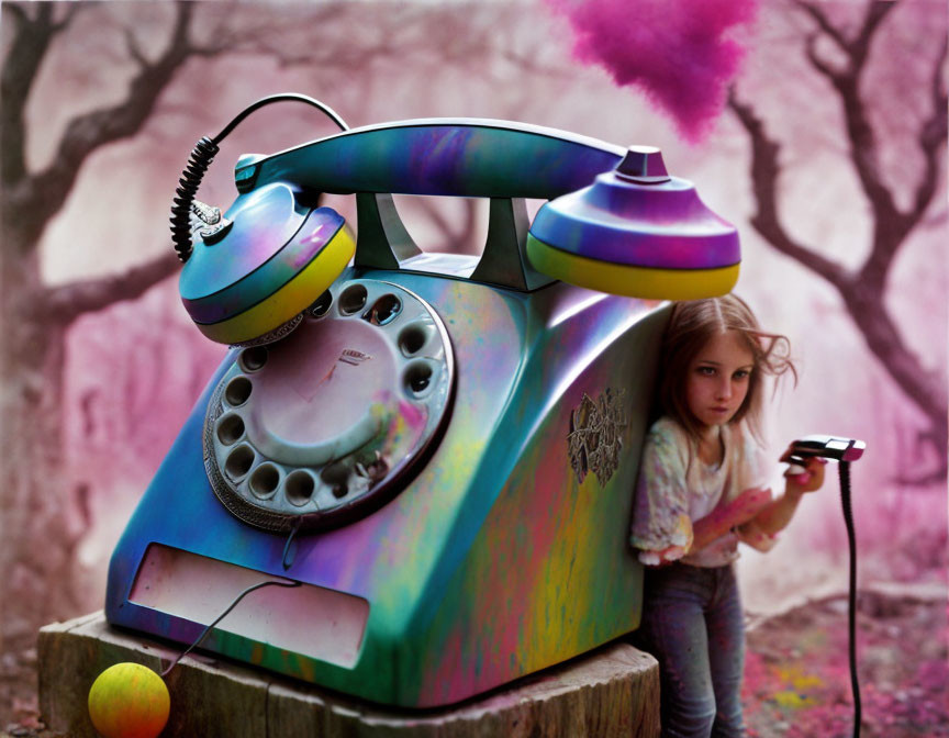 Colorful vintage telephone creature with girl in pink-hued forest