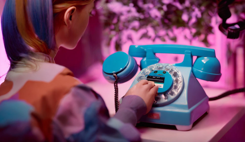 Vintage blue rotary phone dialing in purple-lit room with plants