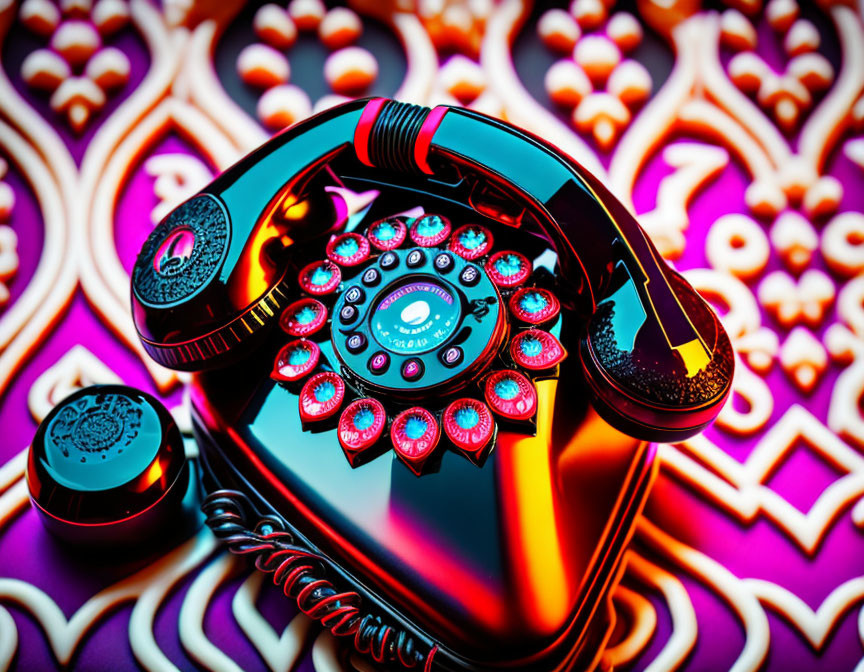 Vintage rotary phone with ornate details on colorful background