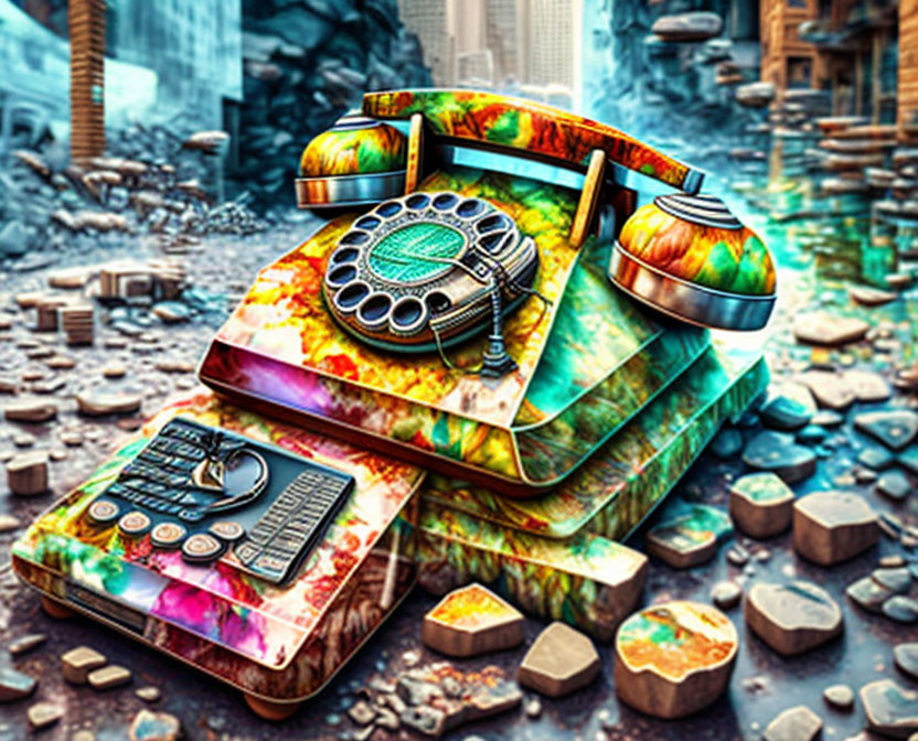 Colorful Stylized Image: Old-Fashioned Rotary Dial Telephone in Surreal Urban Landscape