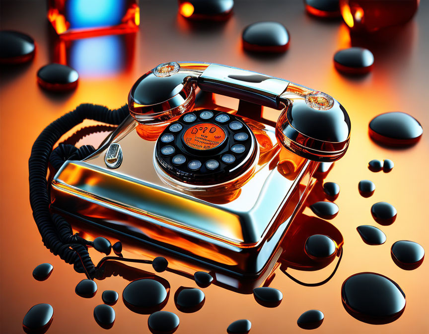 Reflective copper rotary dial telephone on orange surface with black pebbles