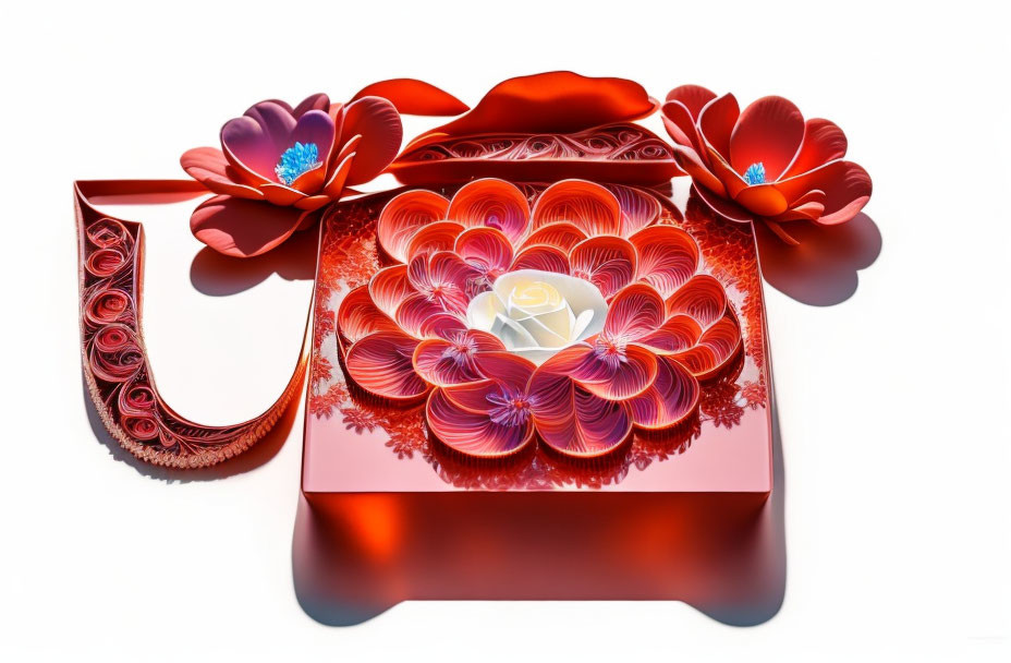 Red Handbag with Quilled Paper Flowers in Red, Pink, and White