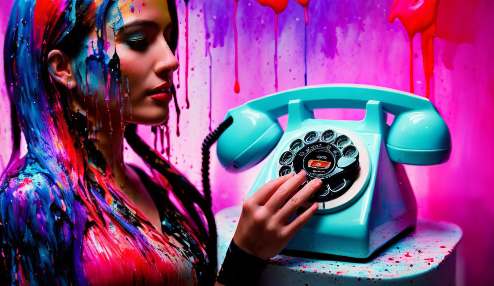 Woman with vibrant paint dialing retro turquoise telephone on colorful backdrop